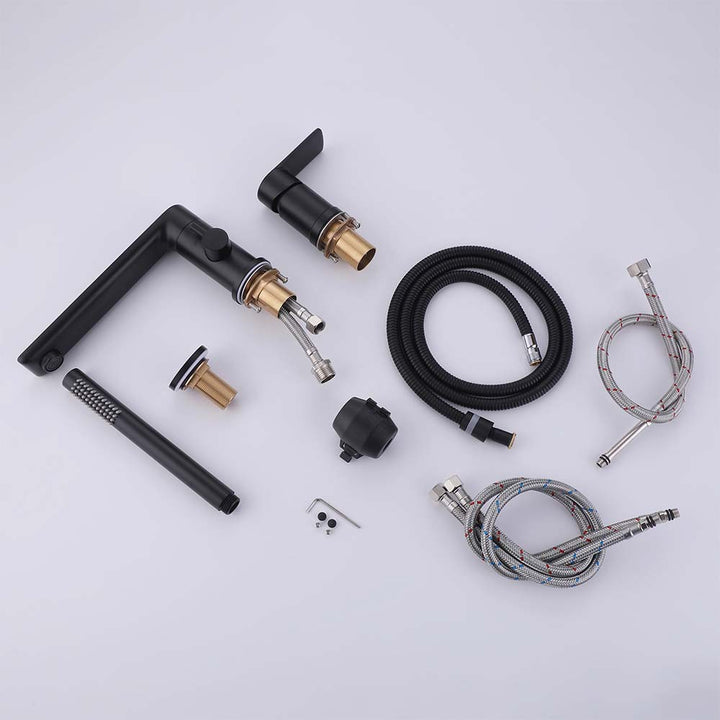 Installation parts set for matte black shower system with hoses and handle