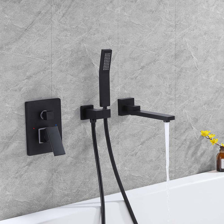 Matte black bathtub faucet with running water demonstration