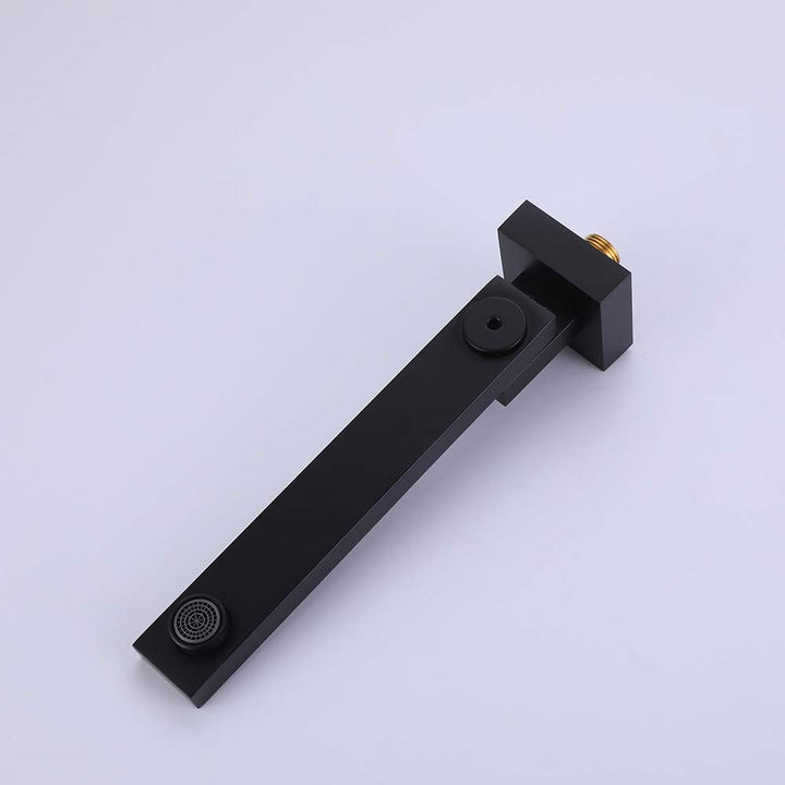 Matte black square bathtub faucet spout with aerator detail