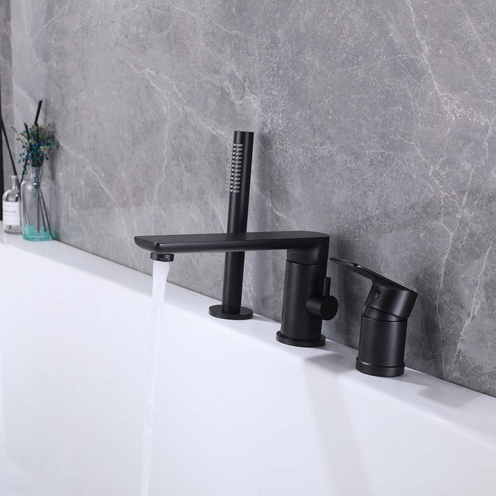 Matte black bathtub faucet with hand shower and running water