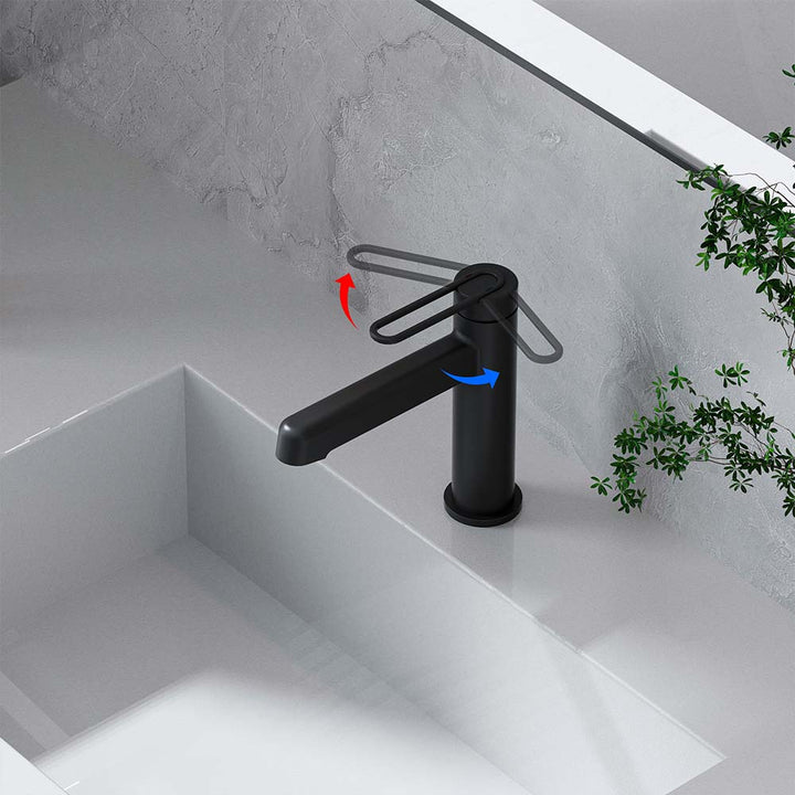 Single handle faucet showing hot and cold direction control