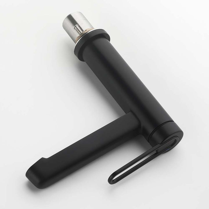 Top view of matte black bathroom faucet on white background