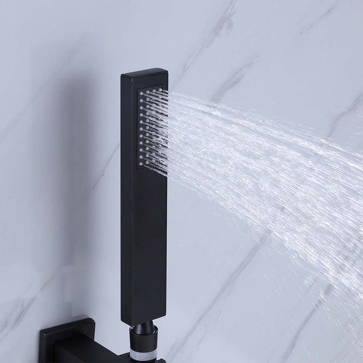 Close-up of handheld shower head spray in matte black finish