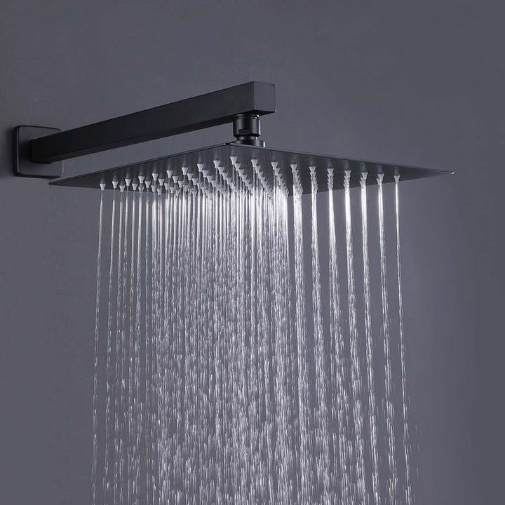 Wall-mounted black shower head with rainwater flow