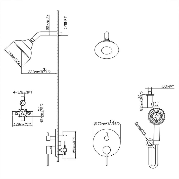 Detailed dimensions of matte black shower set with handheld and valve
