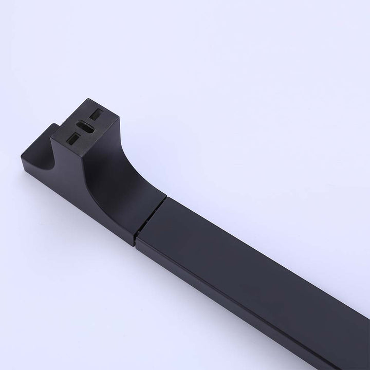 Detail of matte black shower slide bar wall mount bracket