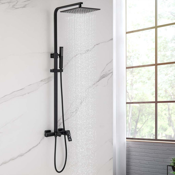 Matte black shower system front view with rain shower head