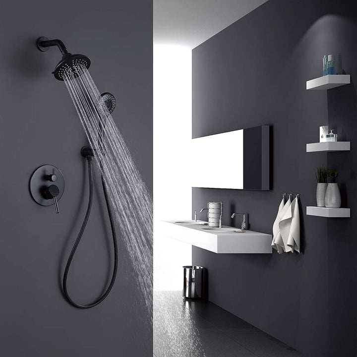 Matte black shower system in modern bathroom with running water