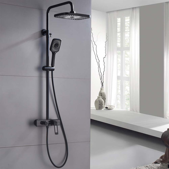 Matte black shower system installed in modern bathroom