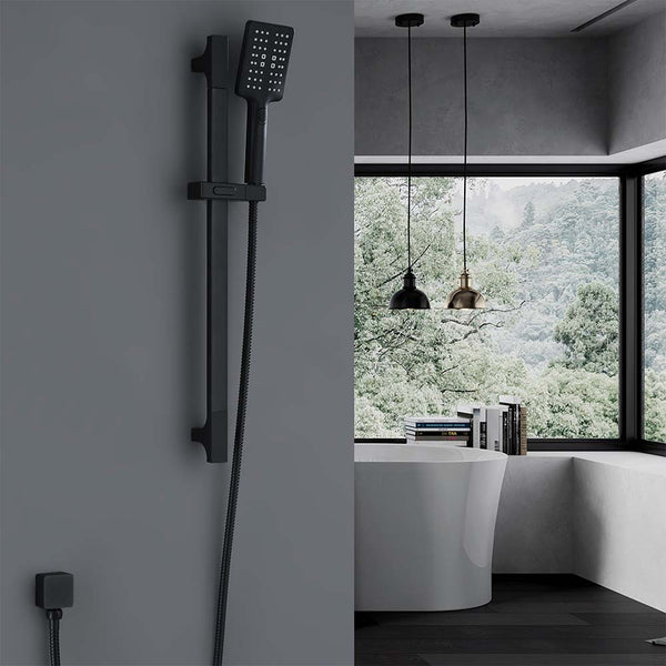 Matte black shower system installed in modern bathroom scene