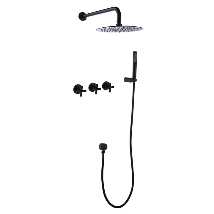 Wall mounted matte black shower system with rain and handheld spray