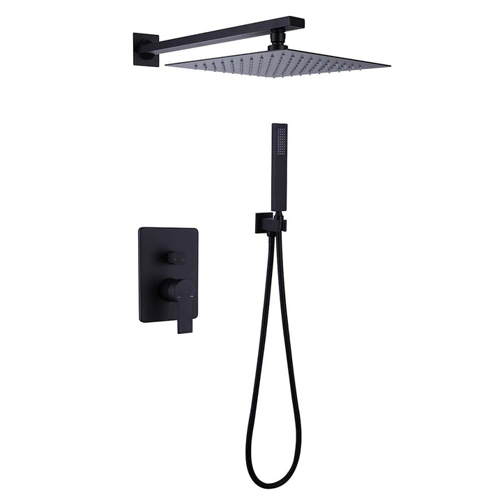 Matte black shower system with square rain shower and handheld spray