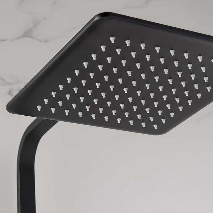 Matte black shower system with square rainfall shower head