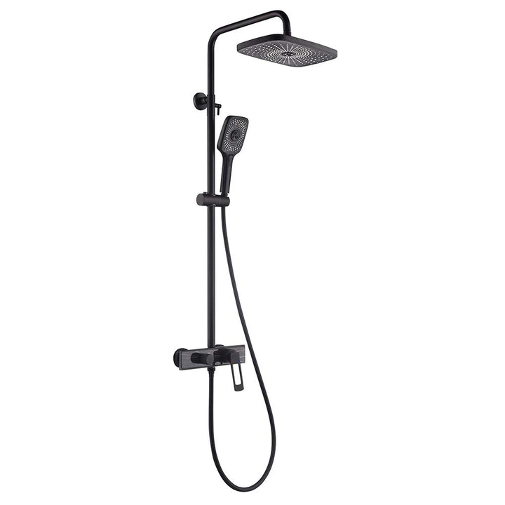 Modern matte black shower system with handheld and rain shower head
