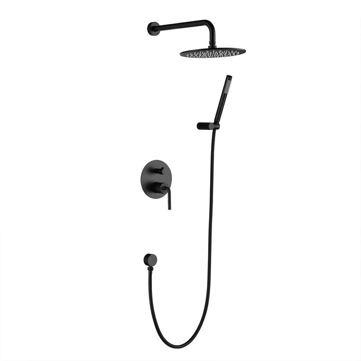 Matte black shower system with rainfall shower head and handheld sprayer