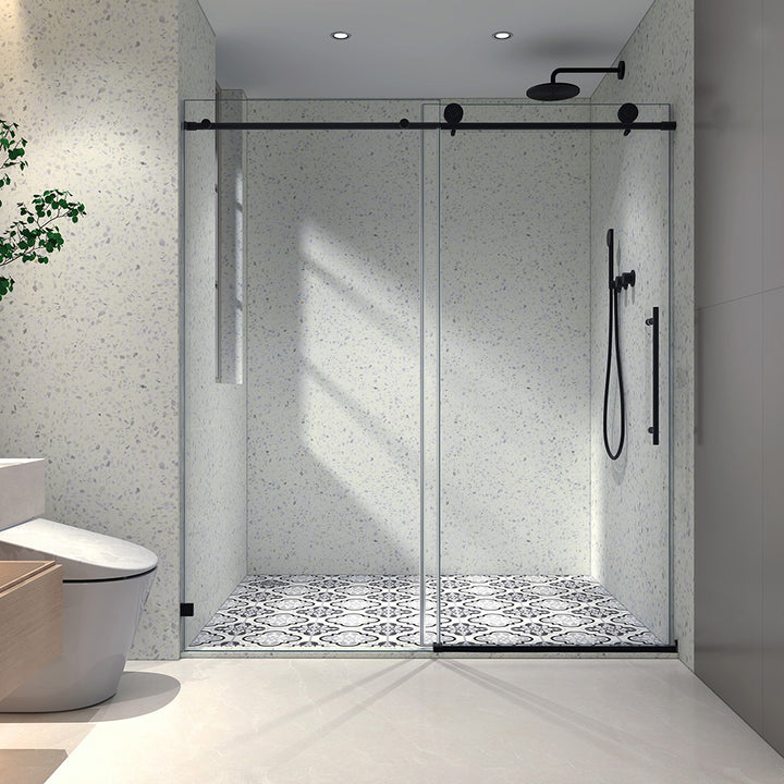 Matte black sliding shower door open