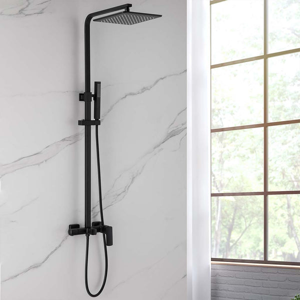 Matte black square shower system with rainfall showerhead and handheld