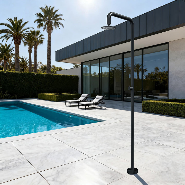 Matte black stainless-steel outdoor shower poolside