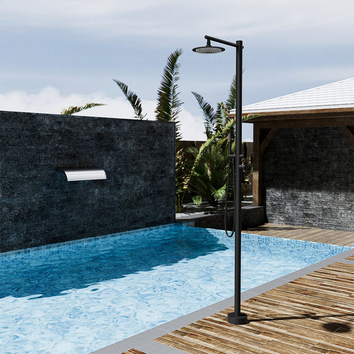 Matte black stainless-steel outdoor shower with handheld