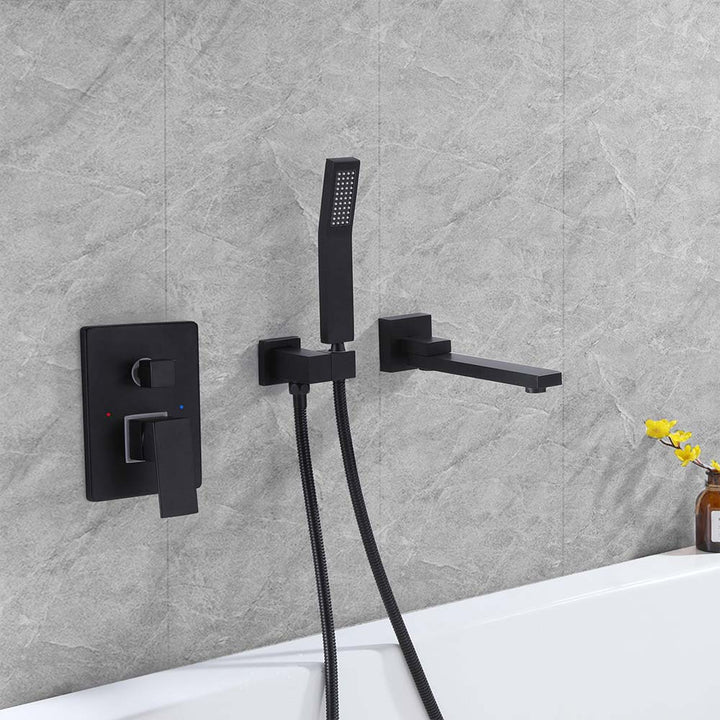 Installed matte black bathtub faucet with handheld shower