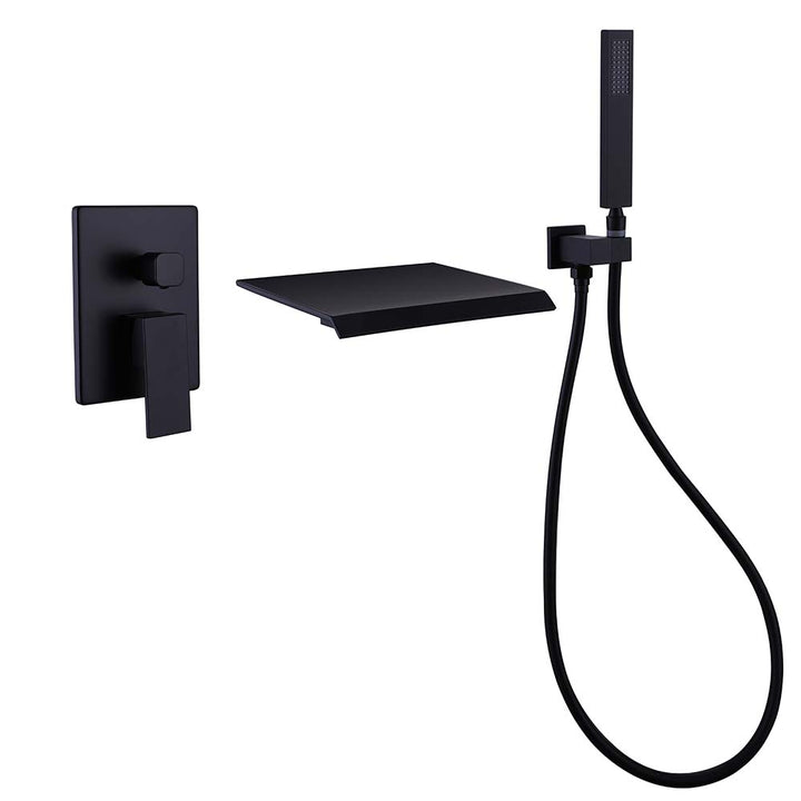 Matte black wall-mounted bathtub faucet with handheld shower