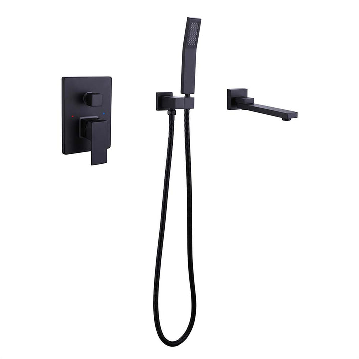 Matte black wall-mounted bathtub faucet with handheld shower