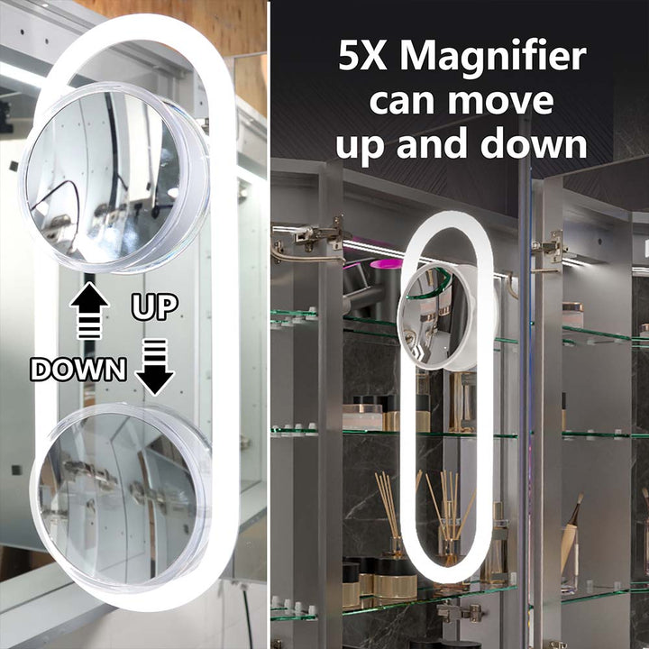 LED medicine cabinet with 5X movable magnifying mirror