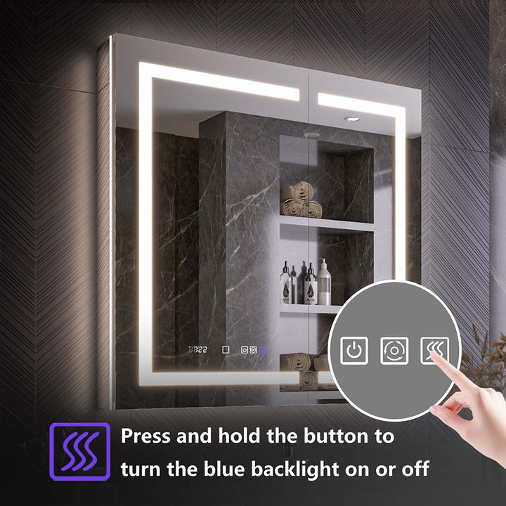 Press and hold backlight button on illuminated medicine cabinet.