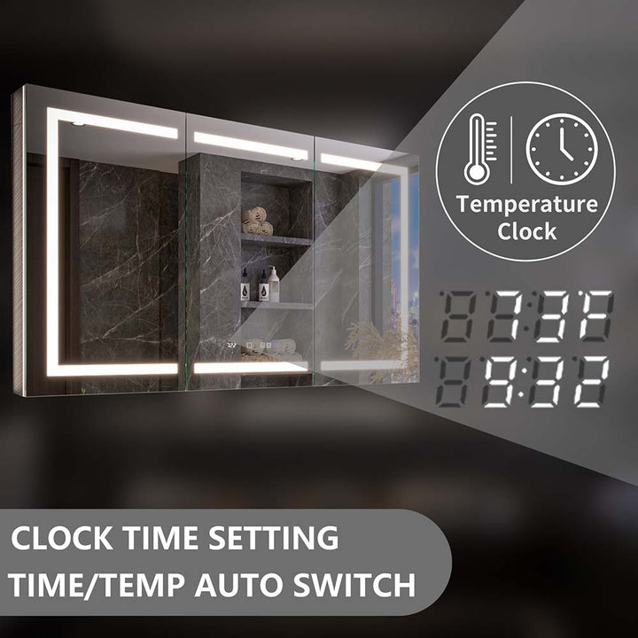 LED medicine cabinet with clock and temp display
