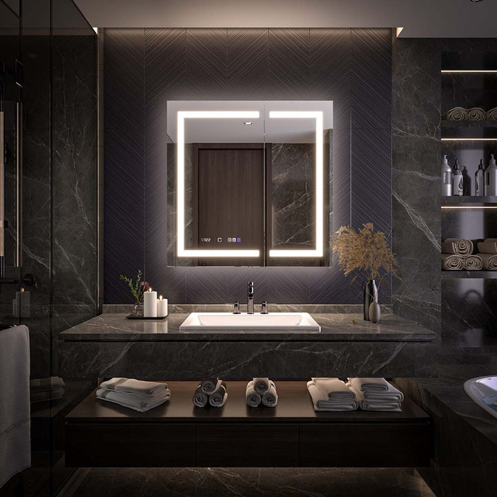 Illuminated medicine cabinet mounted on dark tiled wall