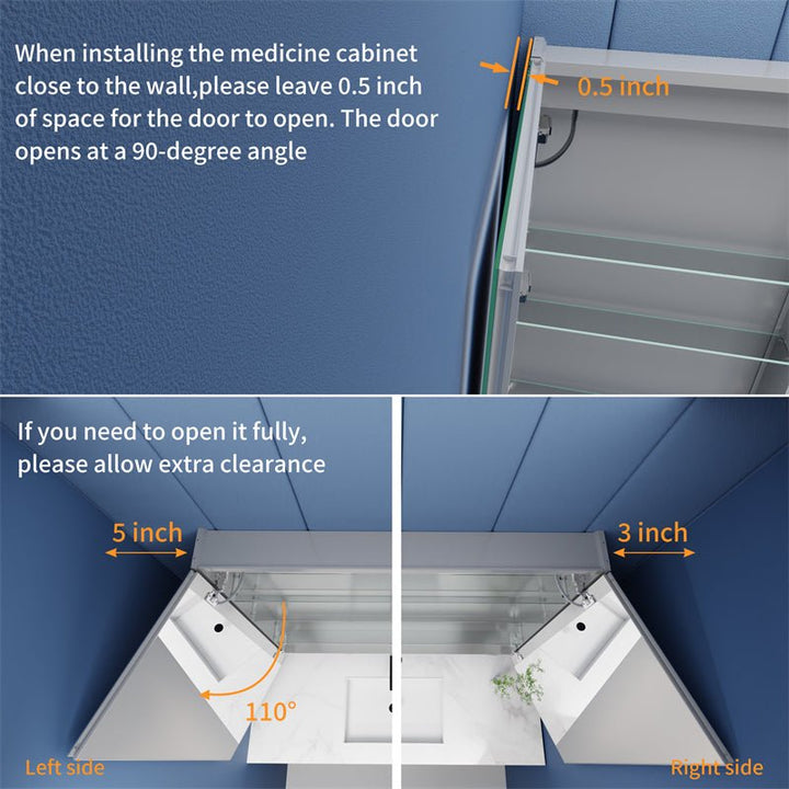 Medicine cabinet door clearance guide for 90° and full 110° opening