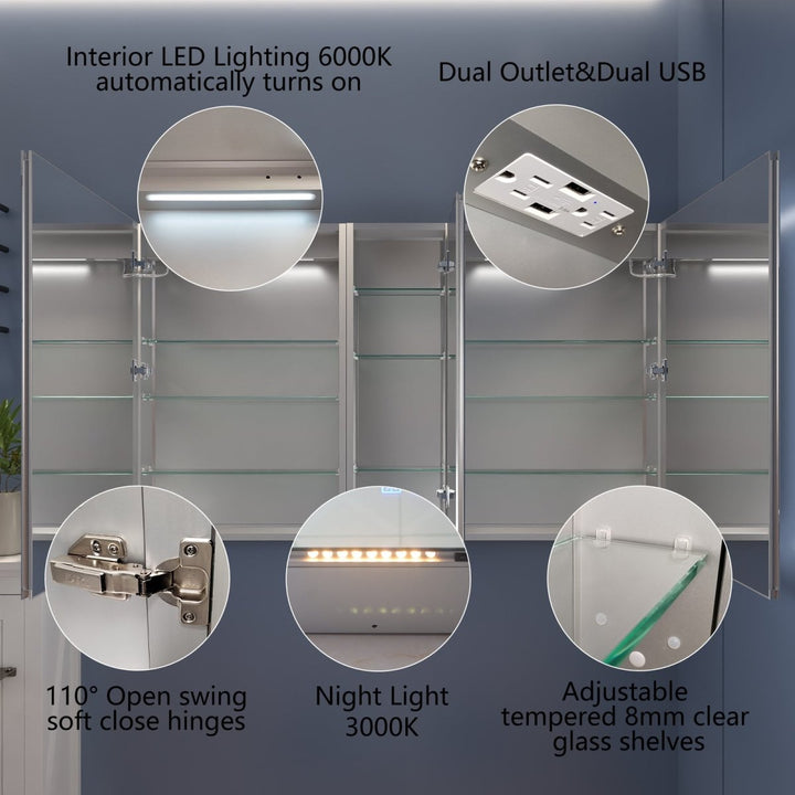 Medicine cabinet with LED, USB, soft close, night light