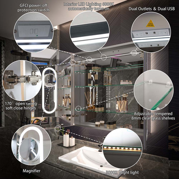 Medicine Cabinet with adjustable shelves, magnifier and LEDs