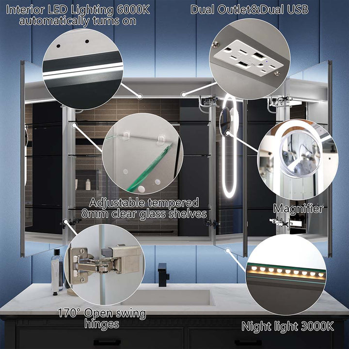 LED medicine cabinet with USB outlet, glass shelves, magnifier