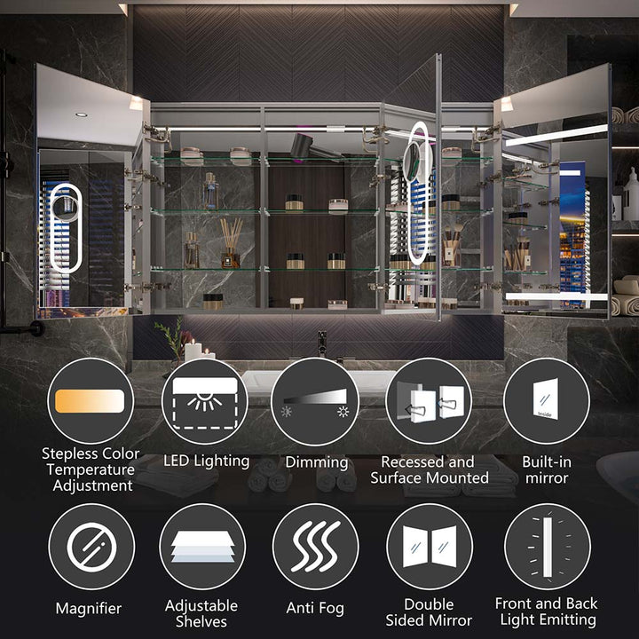 Medicine cabinet with LED, dimming, and magnifier