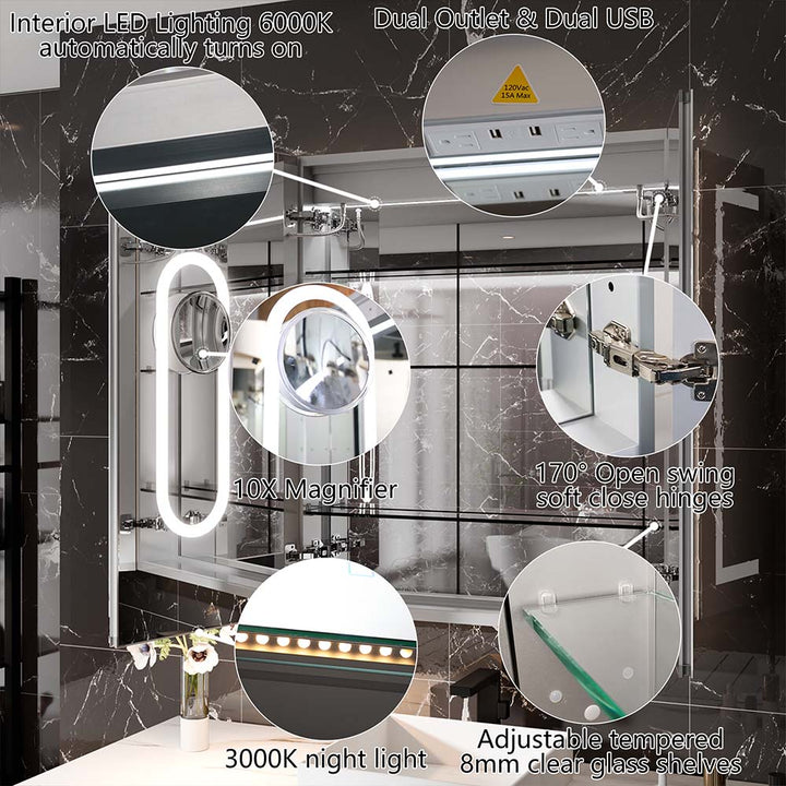 LED medicine cabinet with USB, outlet, shelves, night light, magnifier