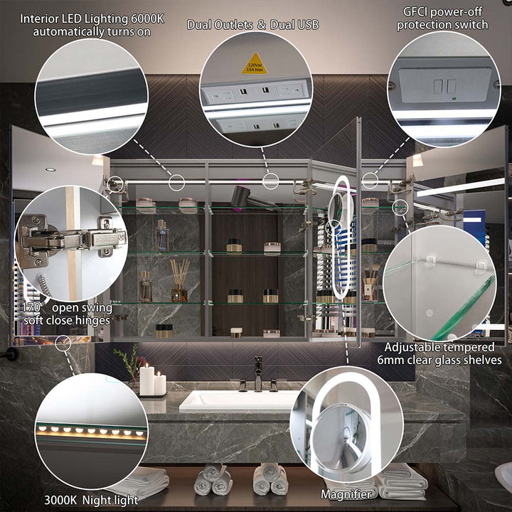 Medicine cabinet with LED, USB ports, hinges, and shelves