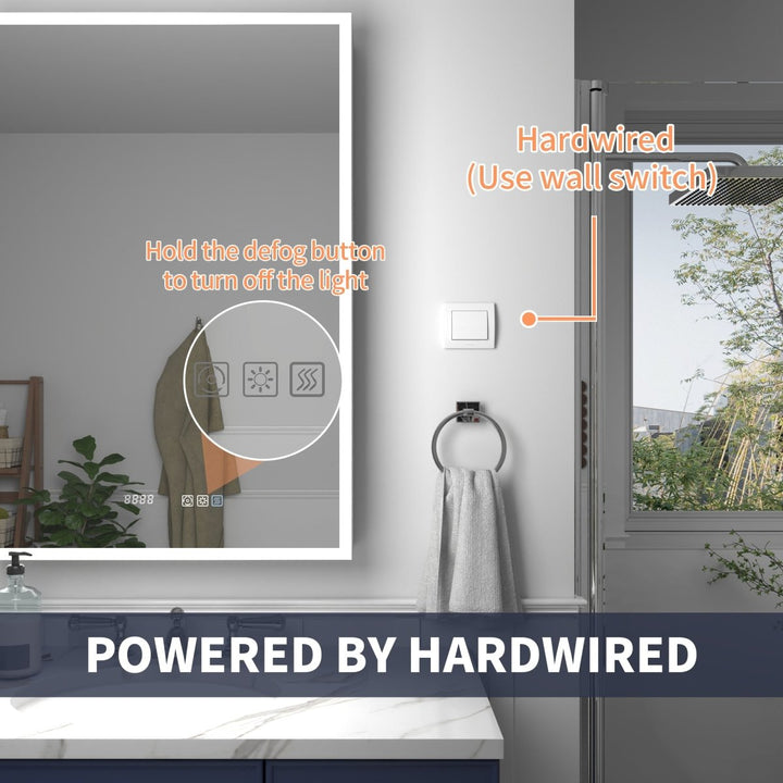 Medicine cabinet powered by hardwired wall switch and defog control