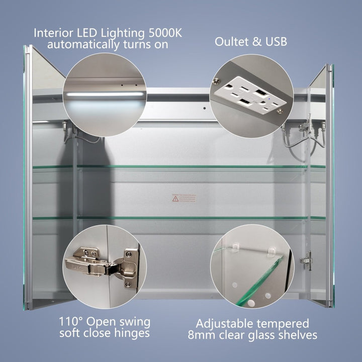 Inside view of medicine cabinet with LED, USB, glass shelves, hinges