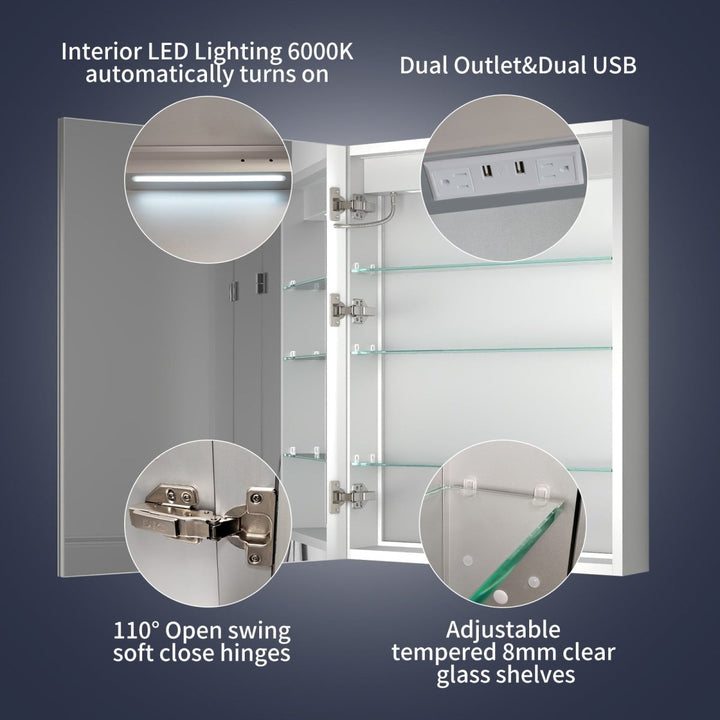 Medicine cabinet with LED lighting, USB outlets, and glass shelves