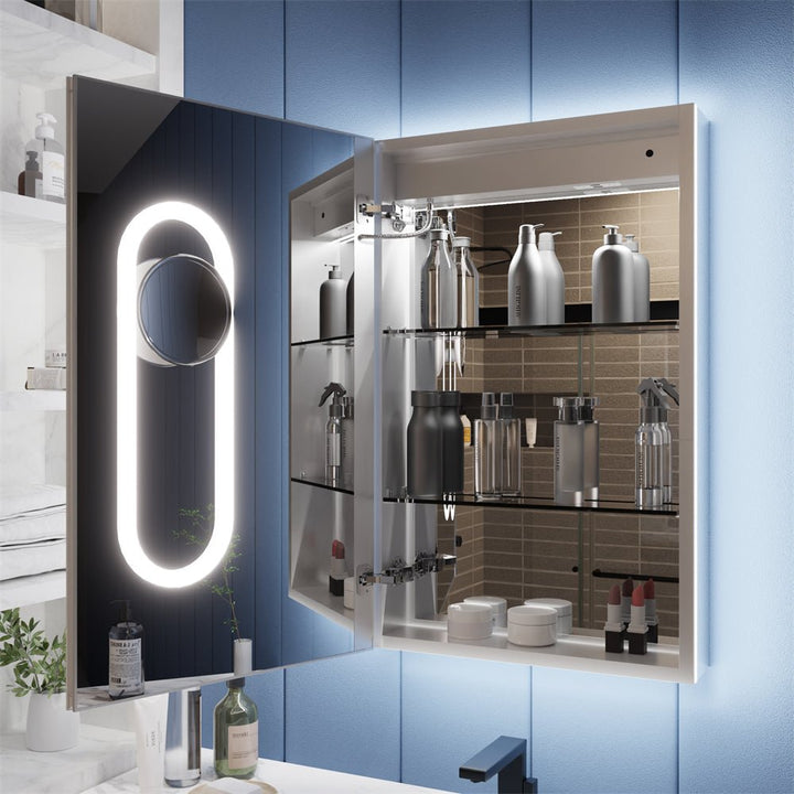 Medicine cabinet interior LED lights adjustable shelves
