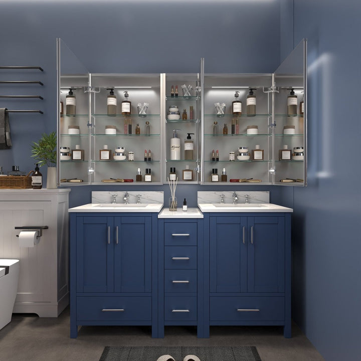Medicine cabinet with doors open and full storage view