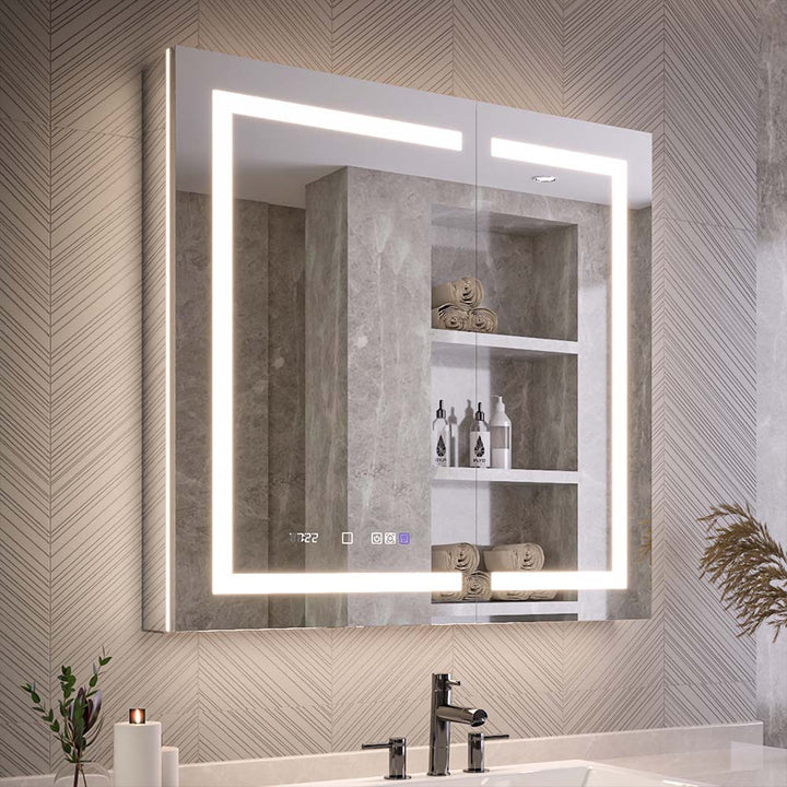 Modern LED-lit medicine cabinet mounted above bathroom sink.