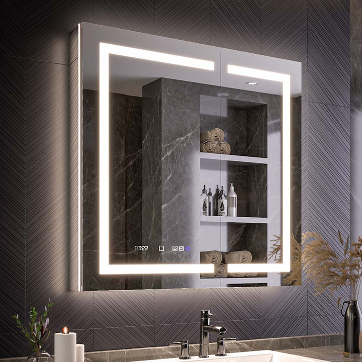 LED-lit medicine cabinet with anti‑fog mirror and clock display