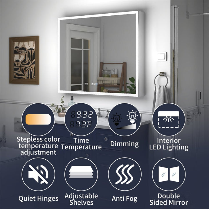 LED medicine cabinet with dimming, time, and temperature display