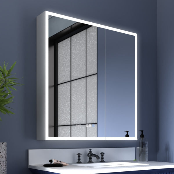LED lighted medicine cabinet with double mirror doors in modern bathroom