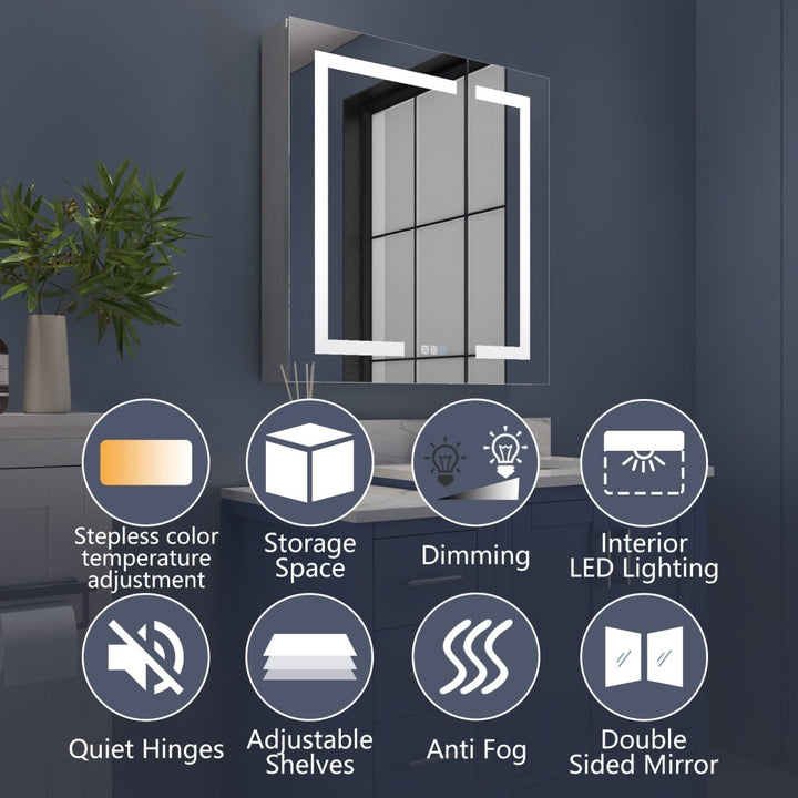 Medicine cabinet with LED, dimming, anti-fog, and storage features