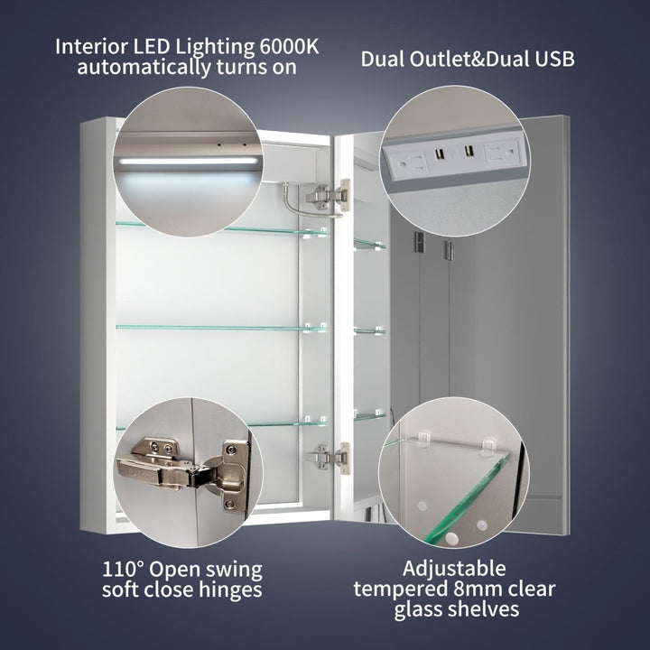 LED Medicine Cabinet with Outlet, Hinges, and Glass Shelves