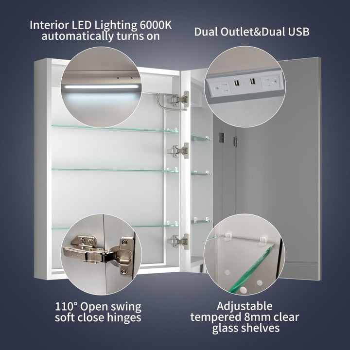 Medicine cabinet with LED, USB, soft-close, glass shelves