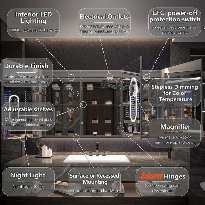 LED medicine cabinet with USB, magnifier and shelves